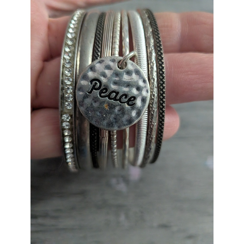 Silver Bangle Bracelet Set Peace Charm Rhinestone Stackable Boho Multi Piece